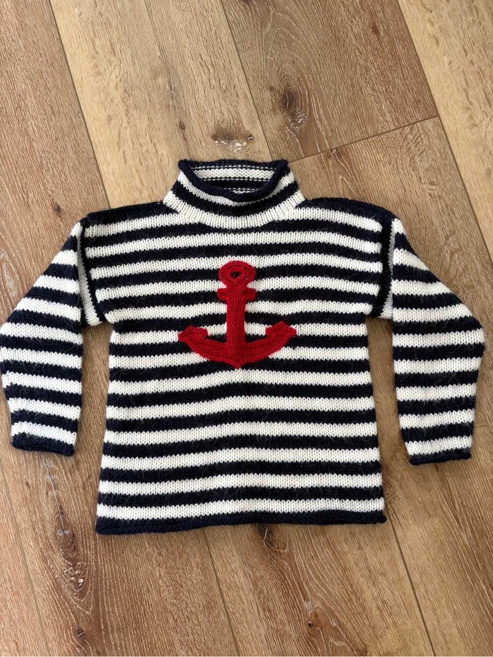 Striped Blue & White alpaca Sweater with Red Anchor